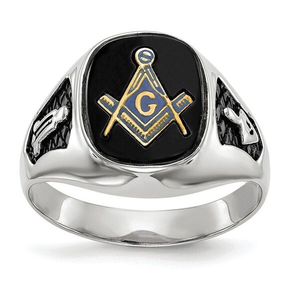 14k White Gold Genuine Fine Jewelry Men'sBlack Enamel & Onyx Masonic Ring